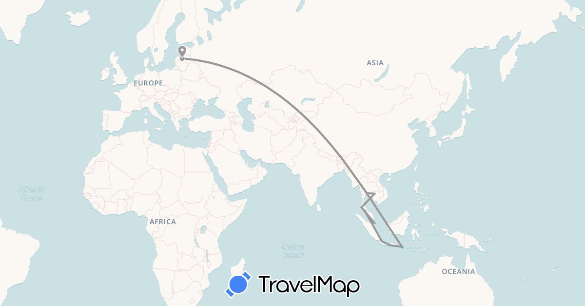 TravelMap itinerary: driving, plane, boat in Indonesia, Cambodia, Latvia, Malaysia, Singapore, Thailand (Asia, Europe)